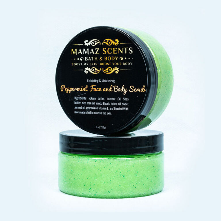 Our peppermint Body sugar scrub are ultra hydrating and exfoliating scrubs with no Paraben. The scrub cleanses, softens, moisturizes and nourishes your skin. Help to remove dead surface skin cells without over drying. After shower or bath. Apply the scrub and gently massage upward circulation. Rinse the body to remove the scrub.
